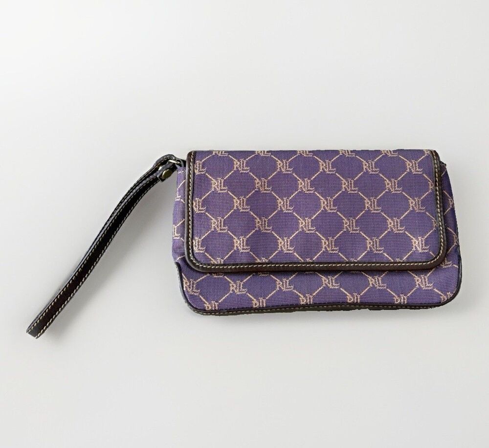 Lauren Ralph Lauren Purple Monogram Wristlet Clutch Wallet Jacquard LRL 5x8